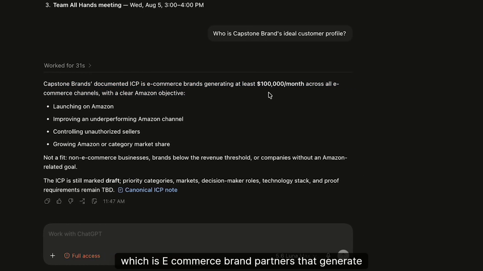 Codex answering the ICP question from the repo, at 32:05.