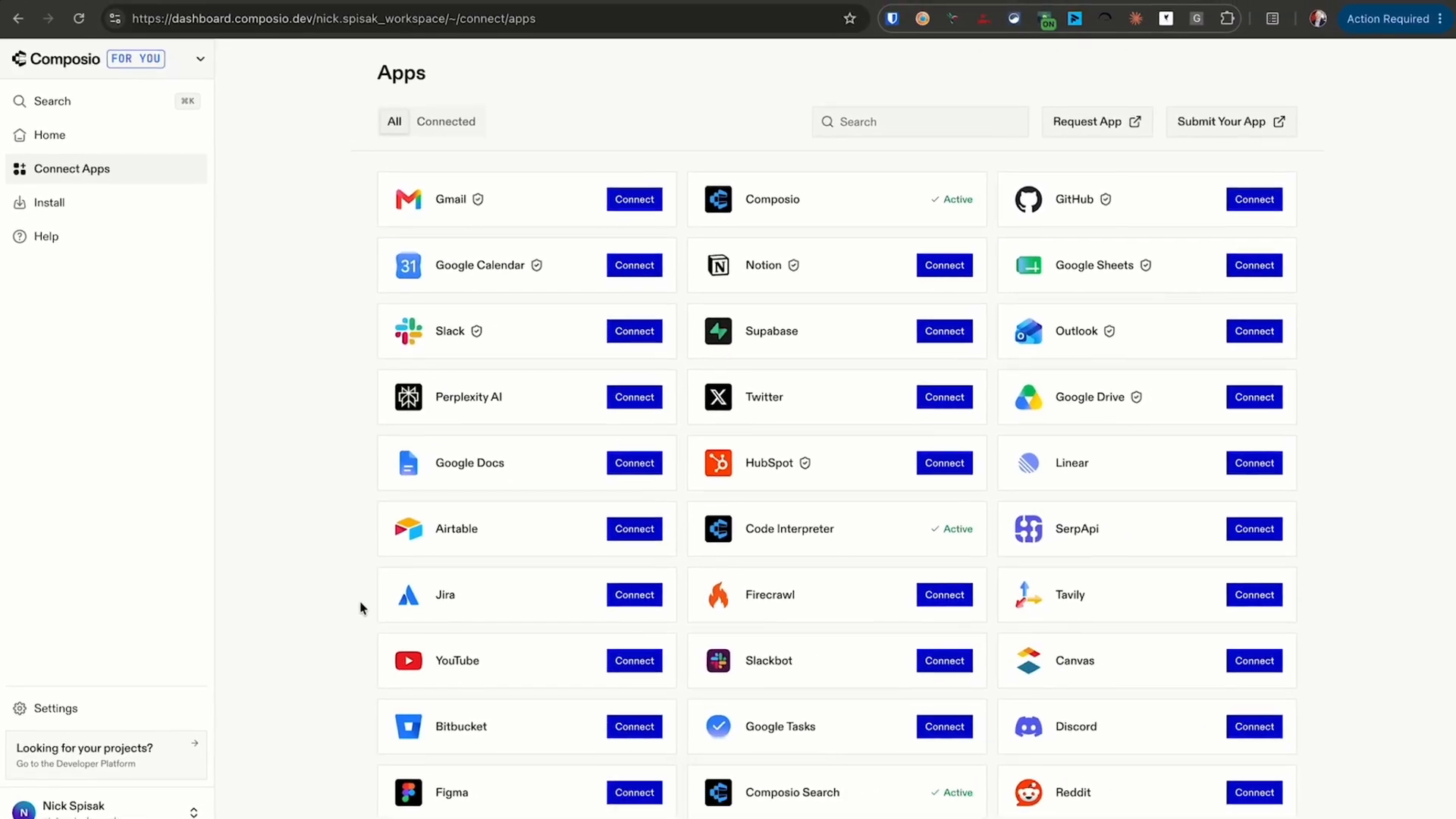 Composio's Connect Apps page, at 24:05.