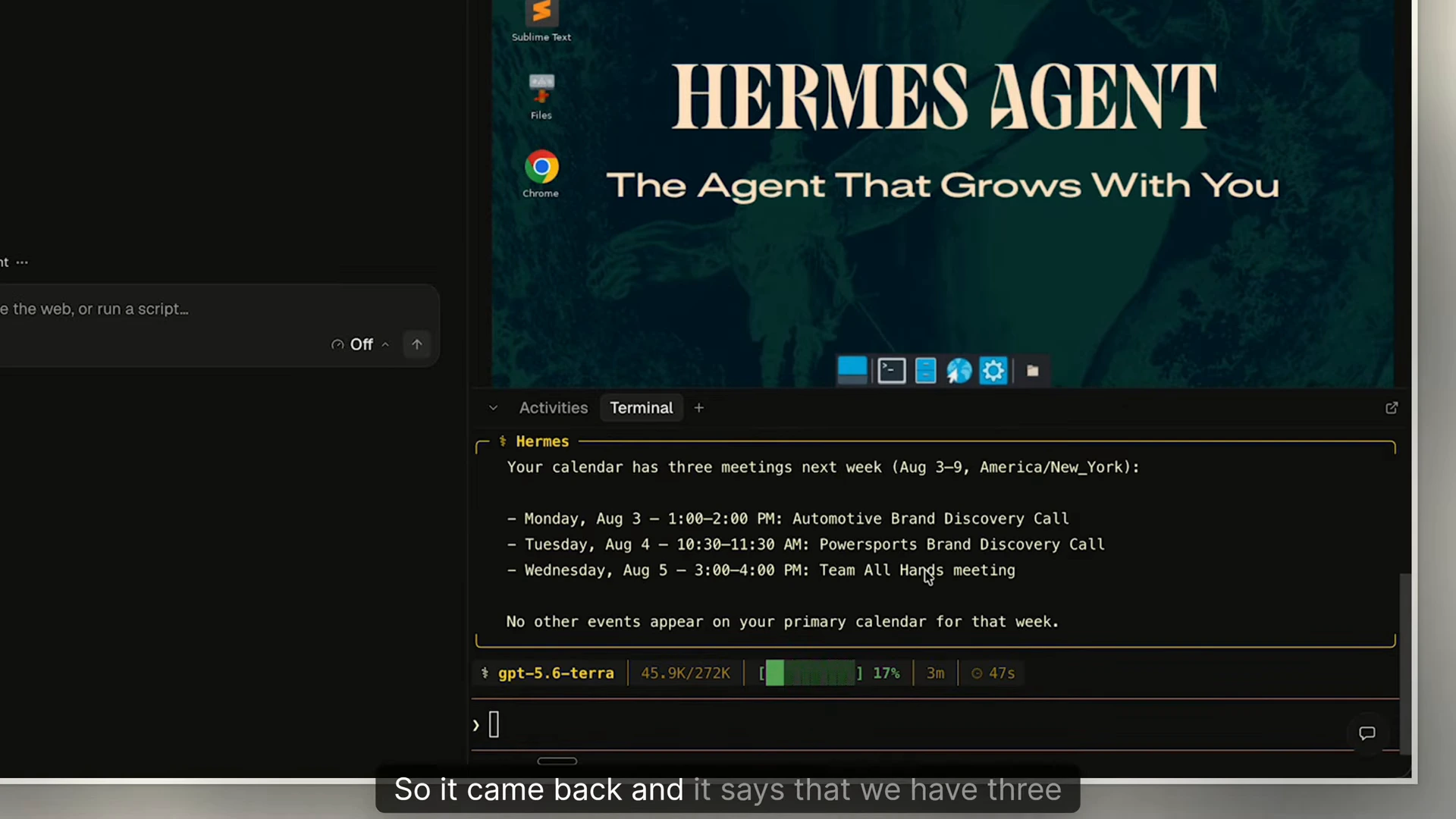 Frame from lesson eleven showing Hermes returning the automotive discovery, powersports discovery, and team all-hands meetings