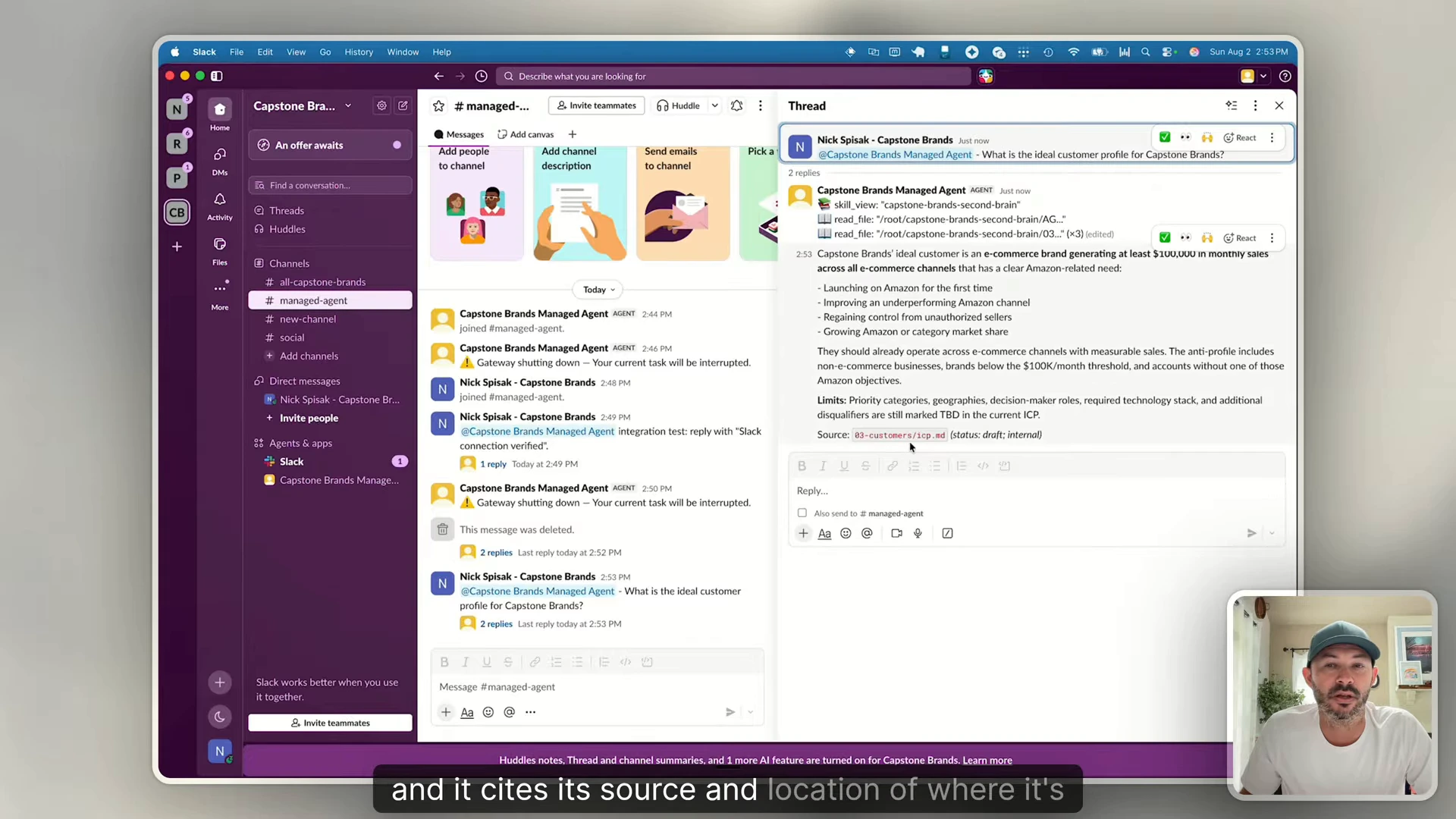 Frame from lesson thirteen showing the Slack agent answering the customer-profile question and citing 03-customers/icp.md